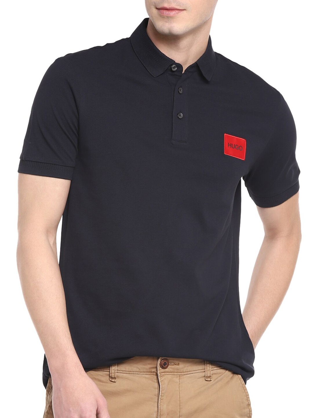 

HUGO Men Navy Blue Polo Collar Applique T-shirt