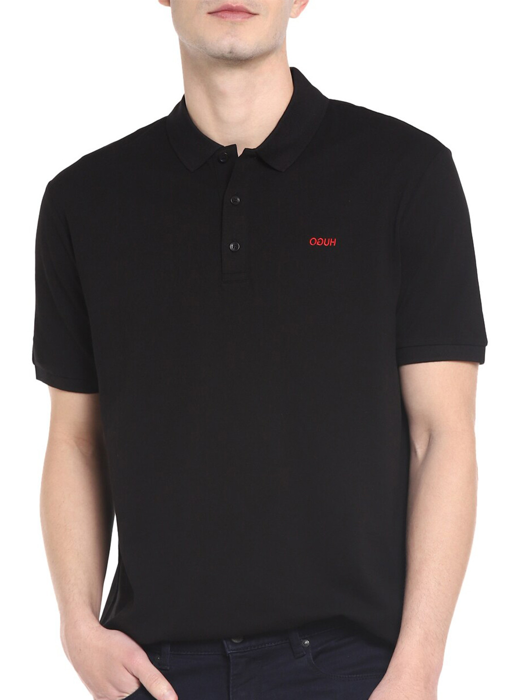 

HUGO Men Black Polo Collar T-shirt