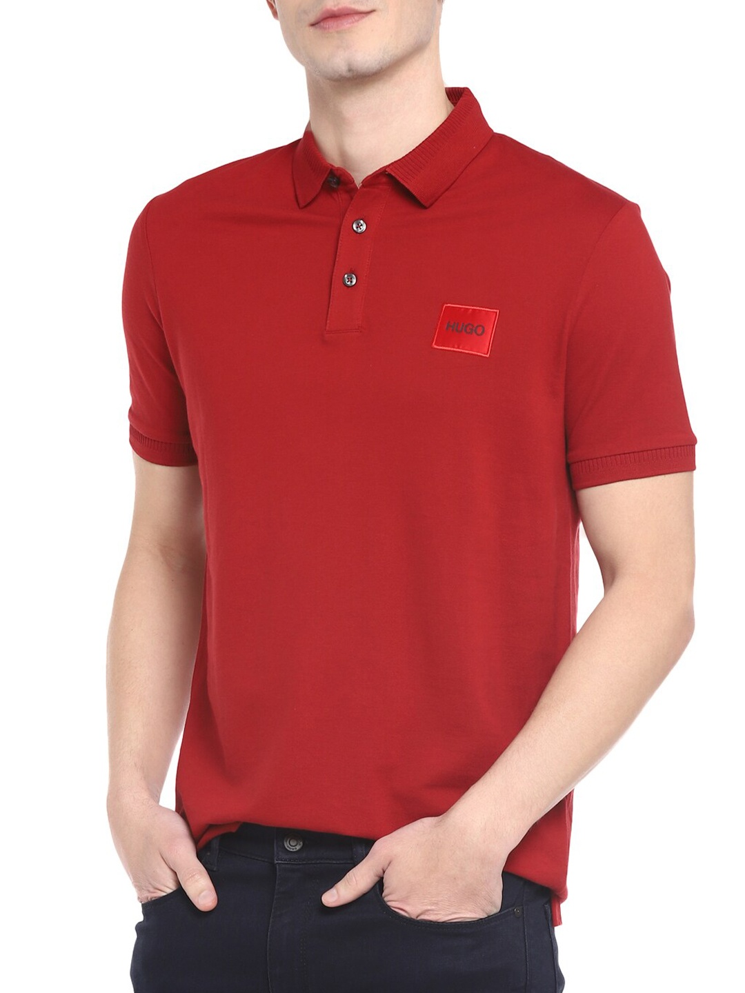 

HUGO Men Burgundy Polo Collar Applique T-shirt