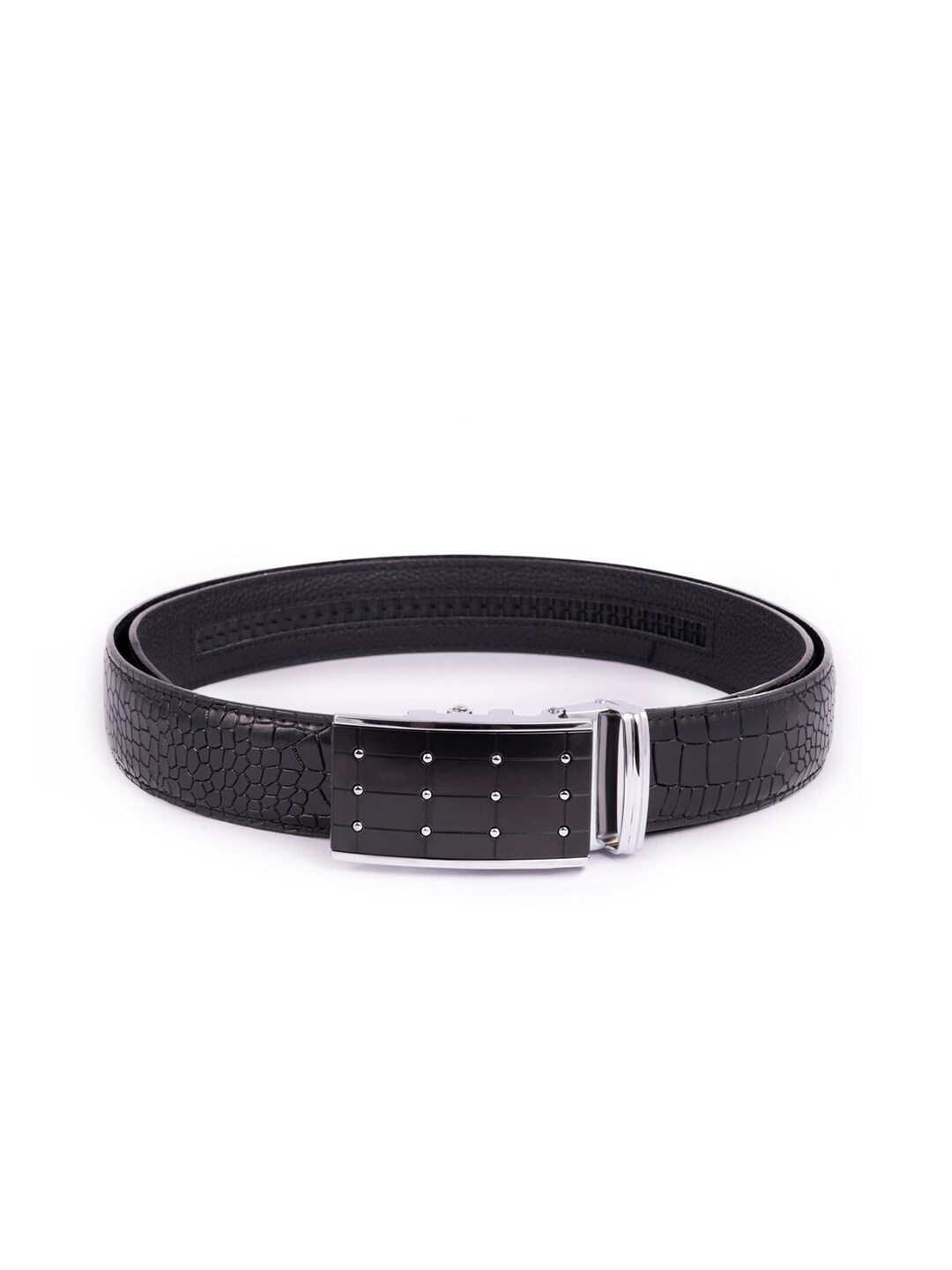 

BANGE Men Black Crocodile Textured Leather Belt