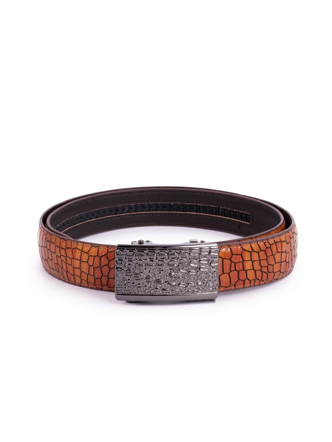 

BANGE Men Brown Crocodile Pattern Textured Leather Belt