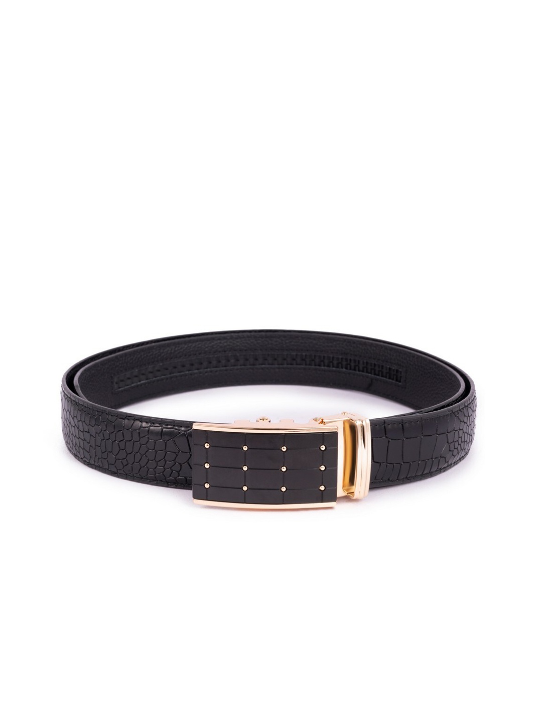

BANGE Men Black Crocodile Skin Textured Leather Belt