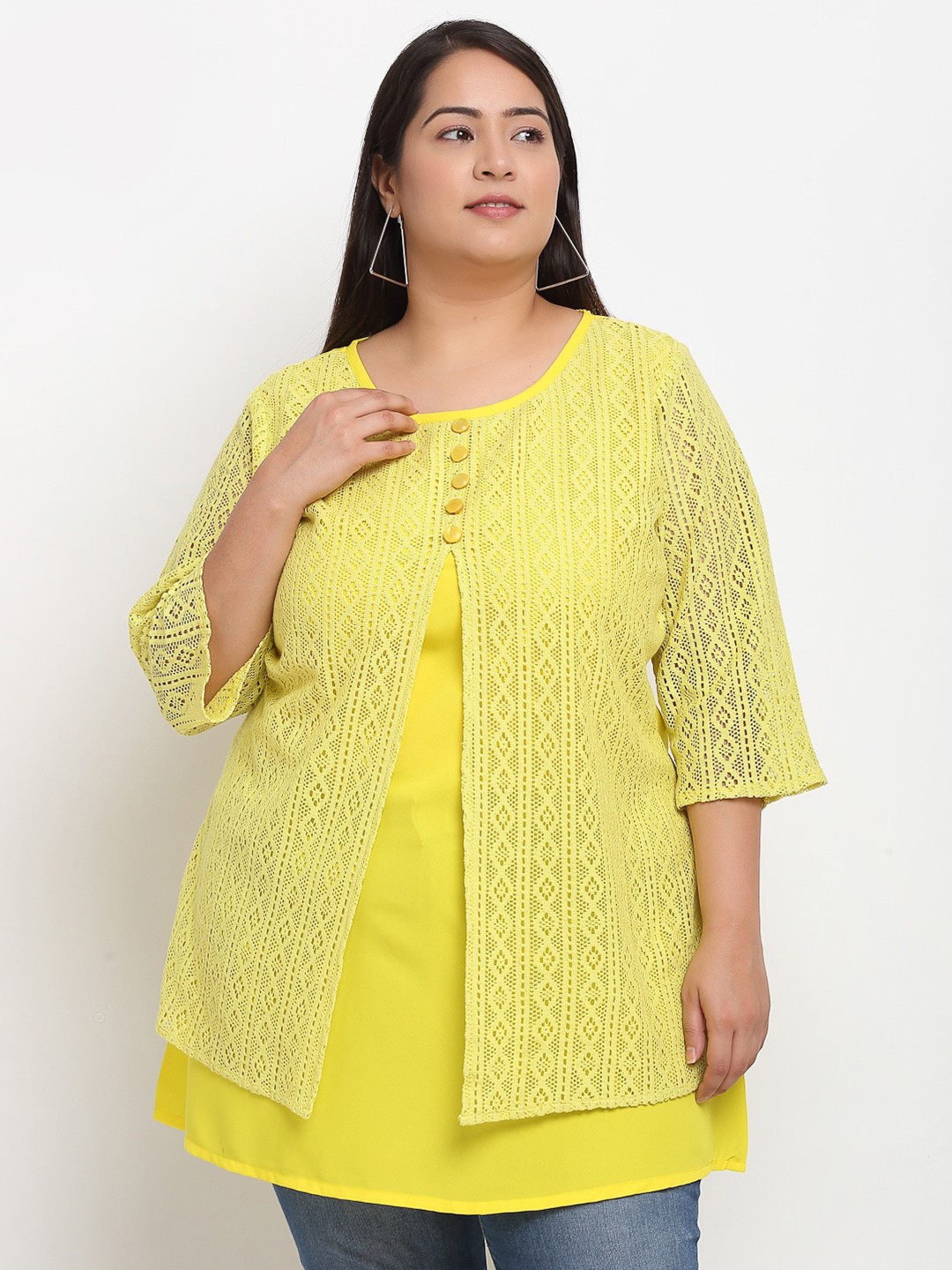 

Flambeur Plus Size Women Yellow Crepe A-Line Longline Top