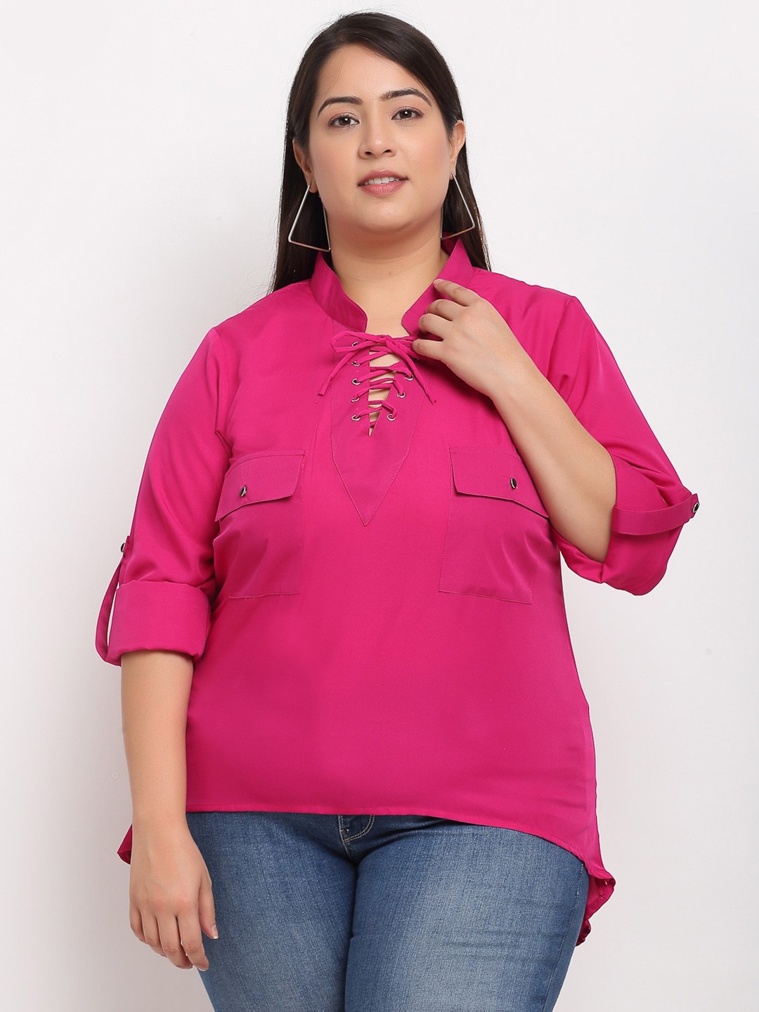 

Flambeur Pink Tie-Up Neck Roll-Up Sleeves Crepe Plus Size Regular Top