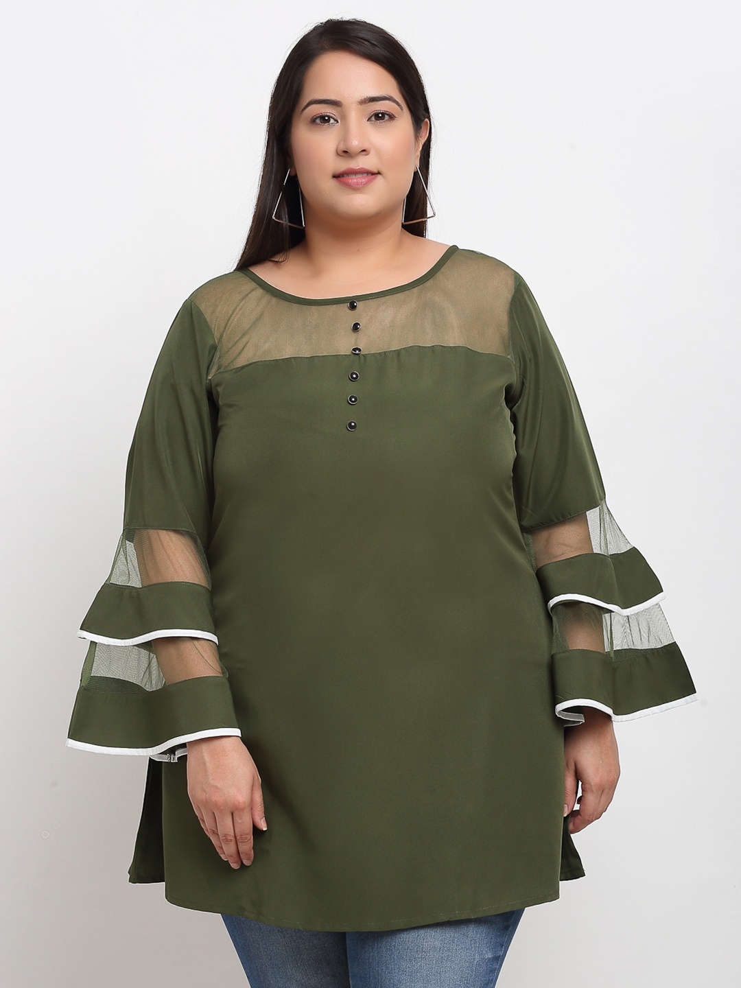 

Flambeur Women Olive Green Crepe Regular Longline Top