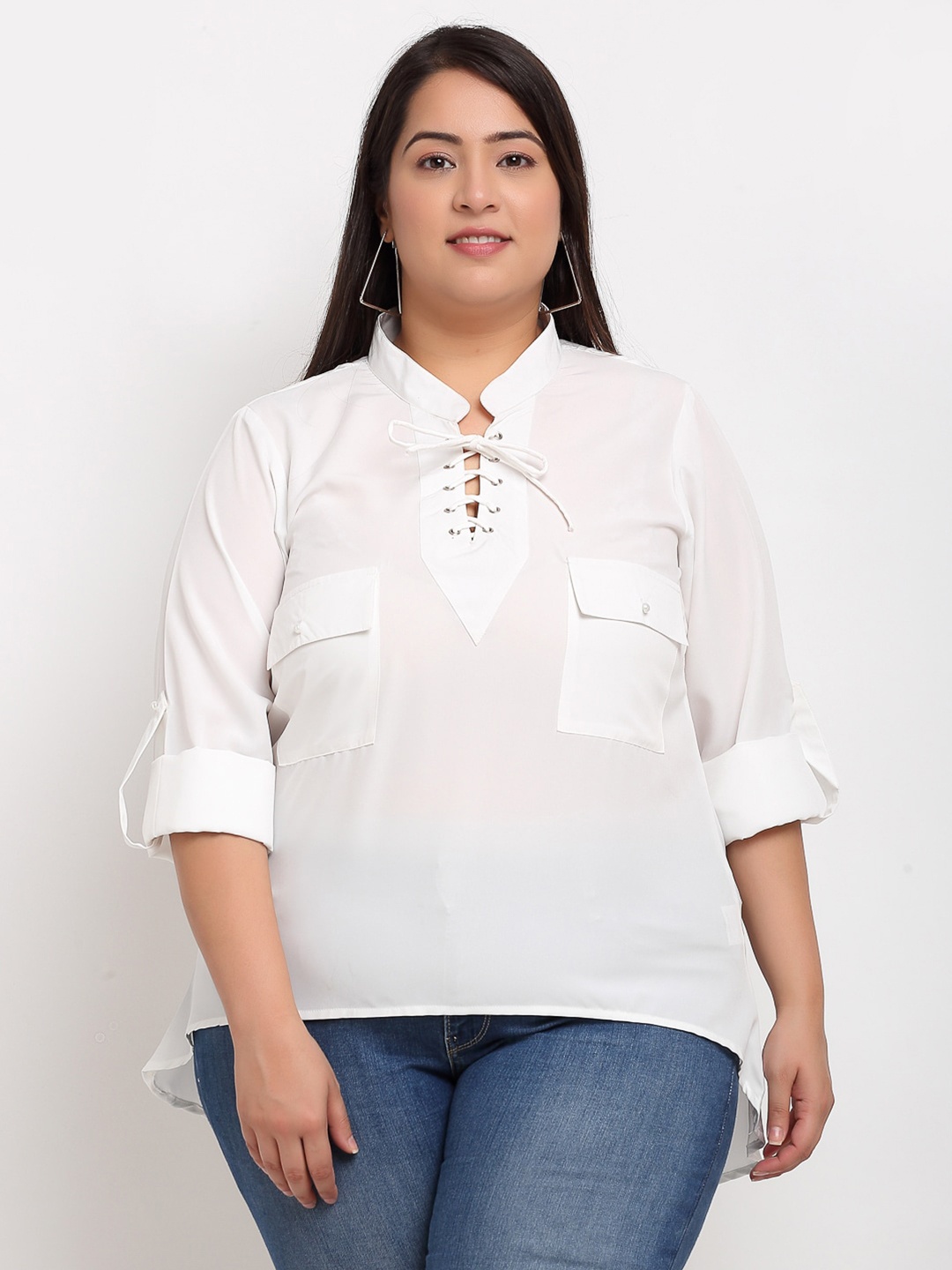 

Flambeur White Tie-Up Neck Roll-Up Sleeves Crepe Regular Top