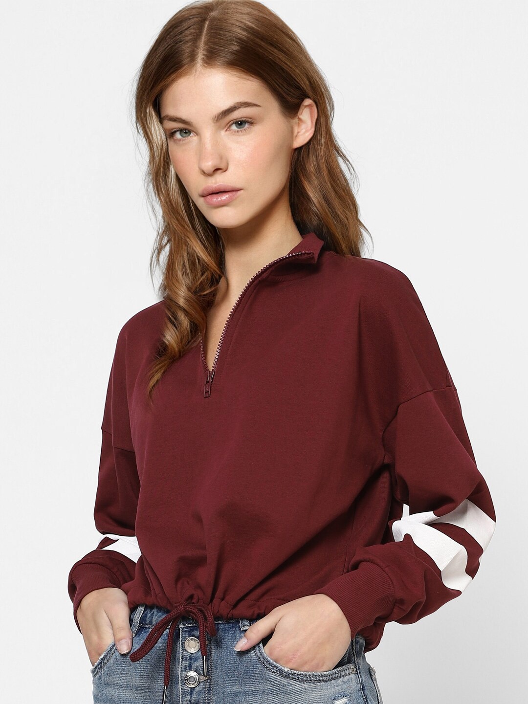 

ONLY Women Maroon Colourblocked Tie-Up Sweatshirt