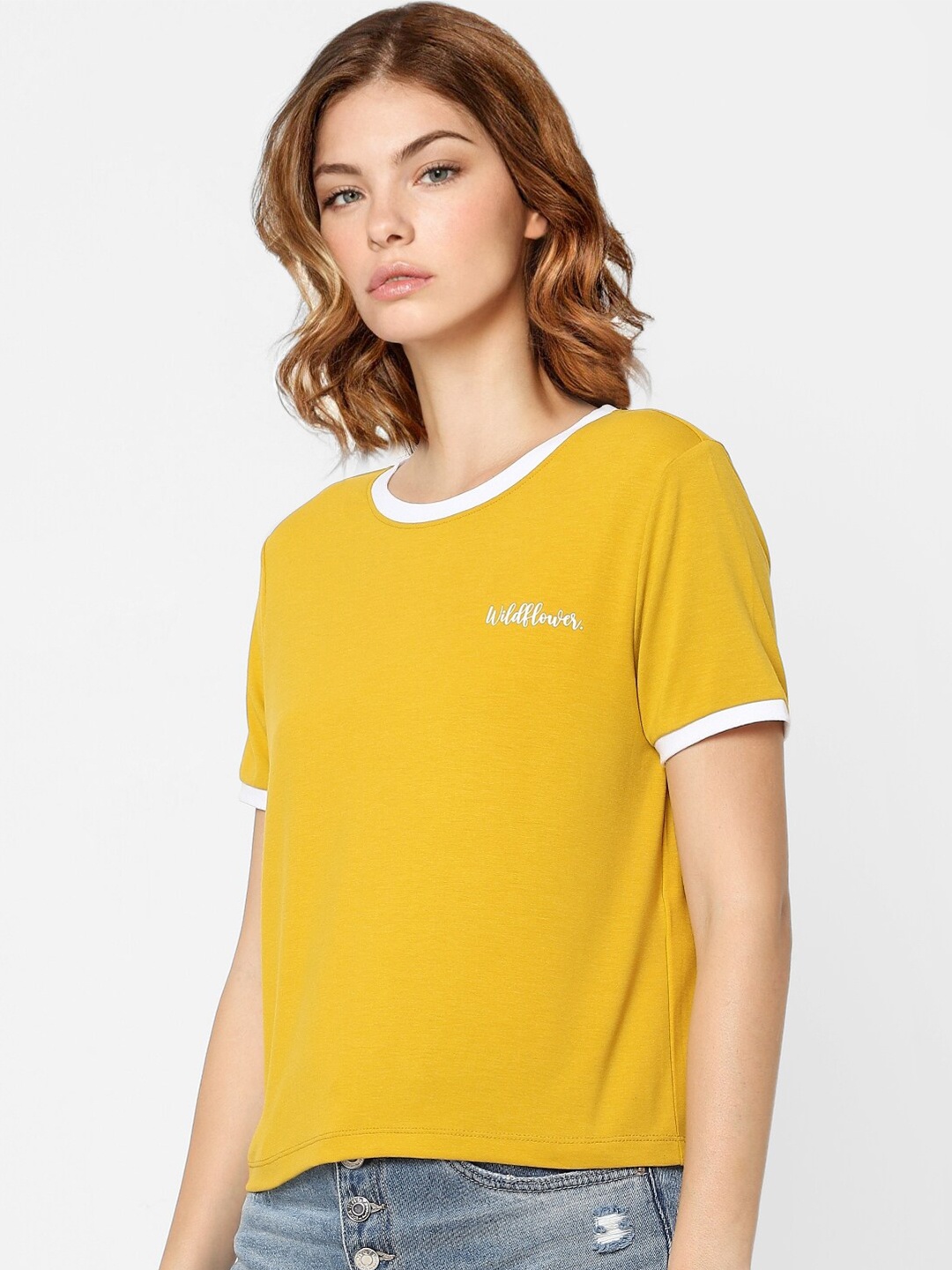 

ONLY Women Yellow Solid Crop T-shirt