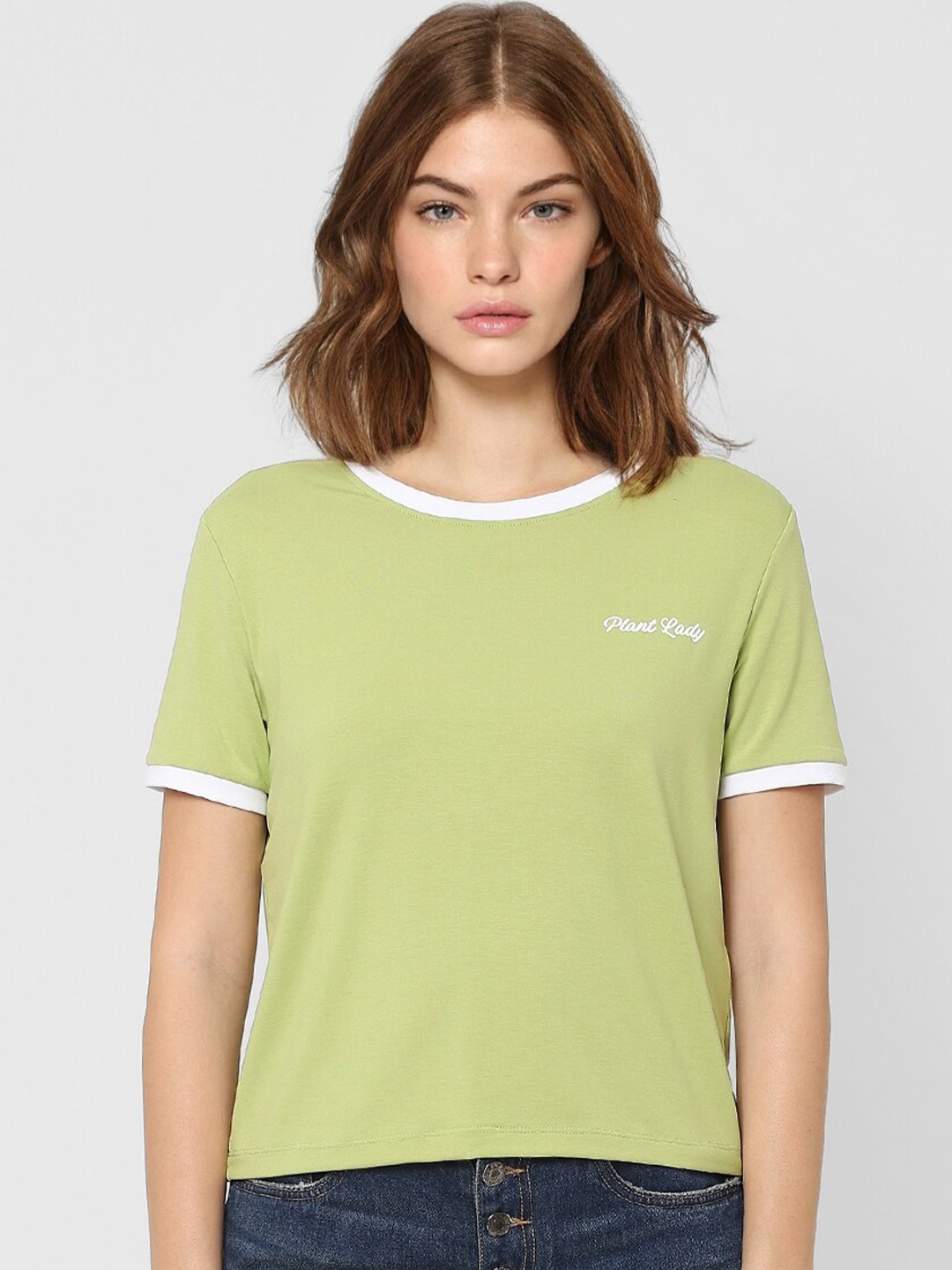 

ONLY Women Green Solid Crop T-shirt