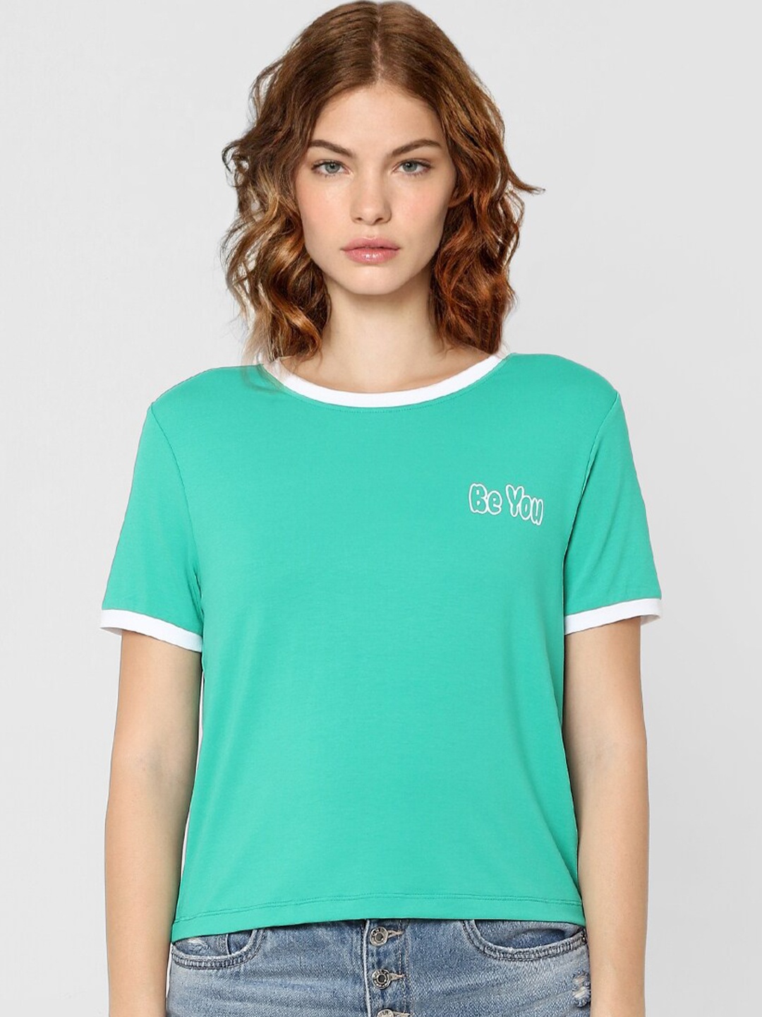 

ONLY Women Green Printed V-Neck Pockets T-shirt