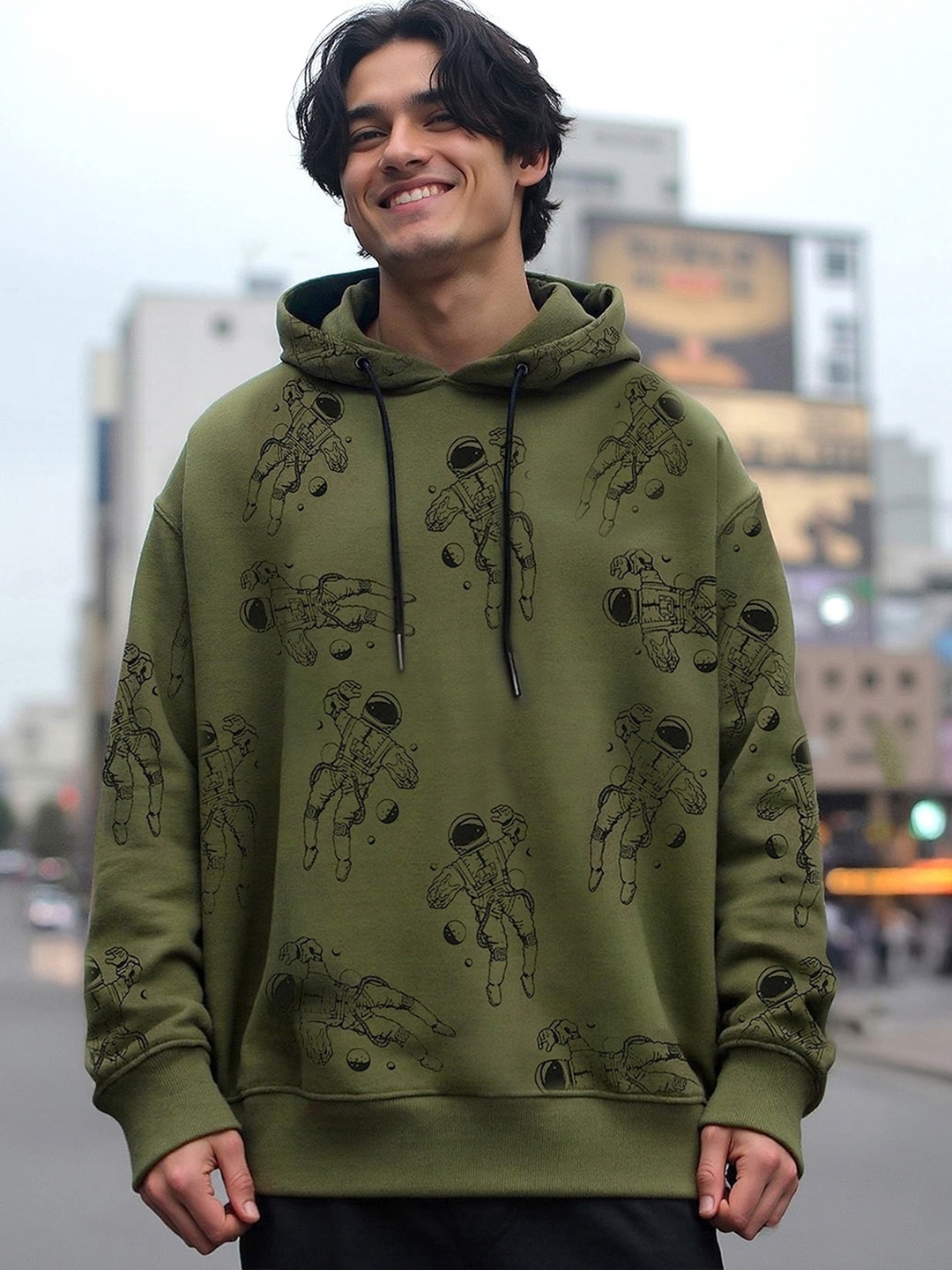 

Bewakoof Men Green Printed Hooded Sweatshirt