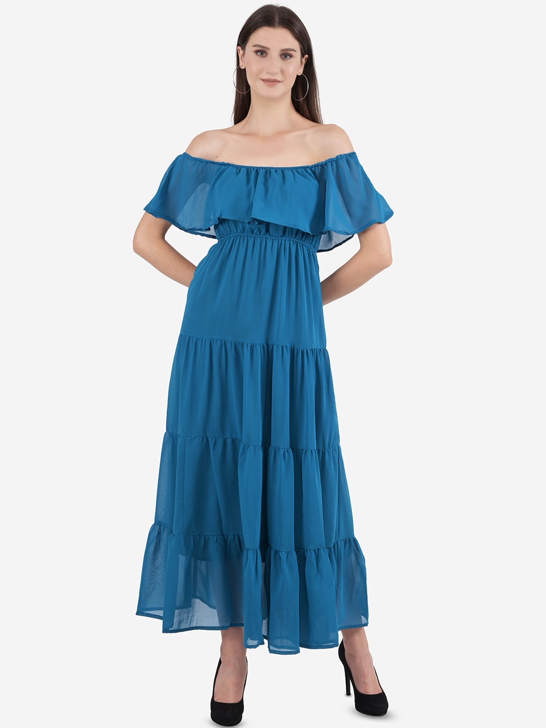 

Ashnaina Turquoise Blue Off-Shoulder Crepe Maxi Dress
