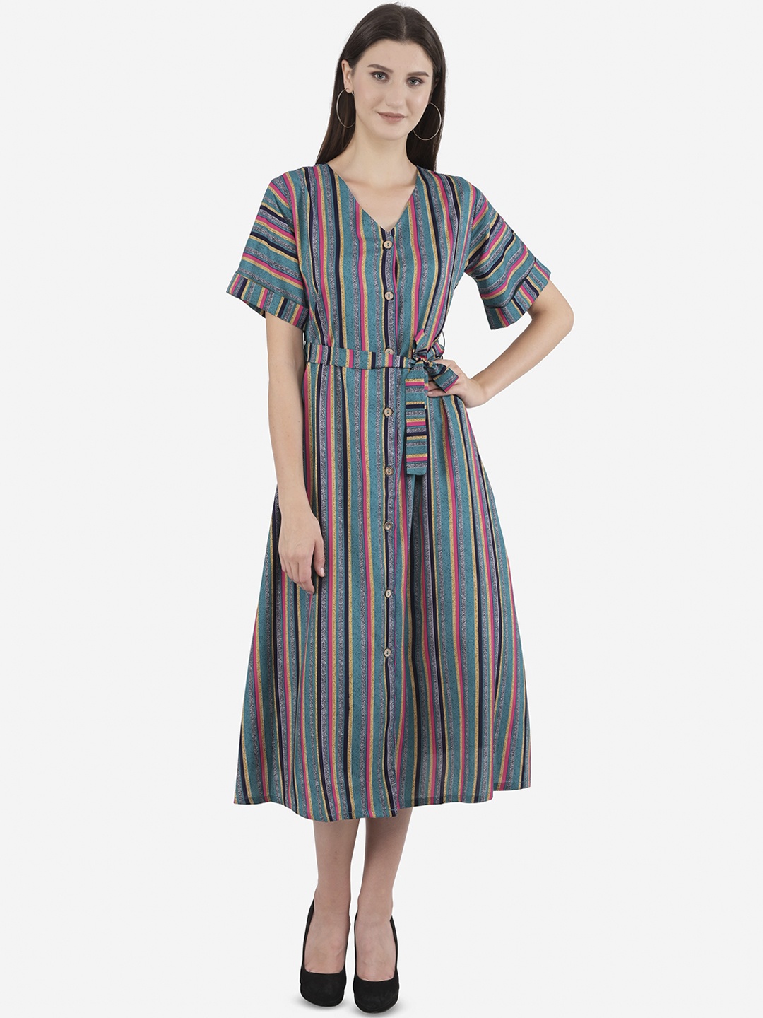 

Ashnaina Teal Green & Pink Striped Crepe Midi Dress