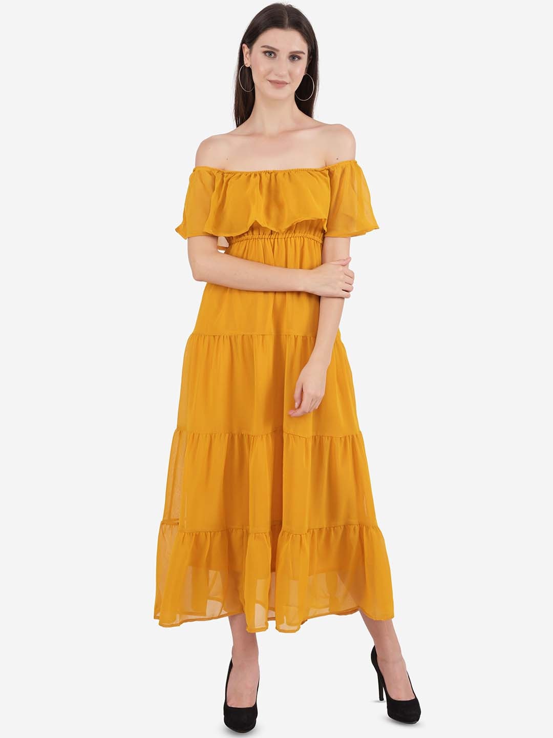 

Ashnaina Mustard Yellow Off-Shoulder Crepe Midi Dress