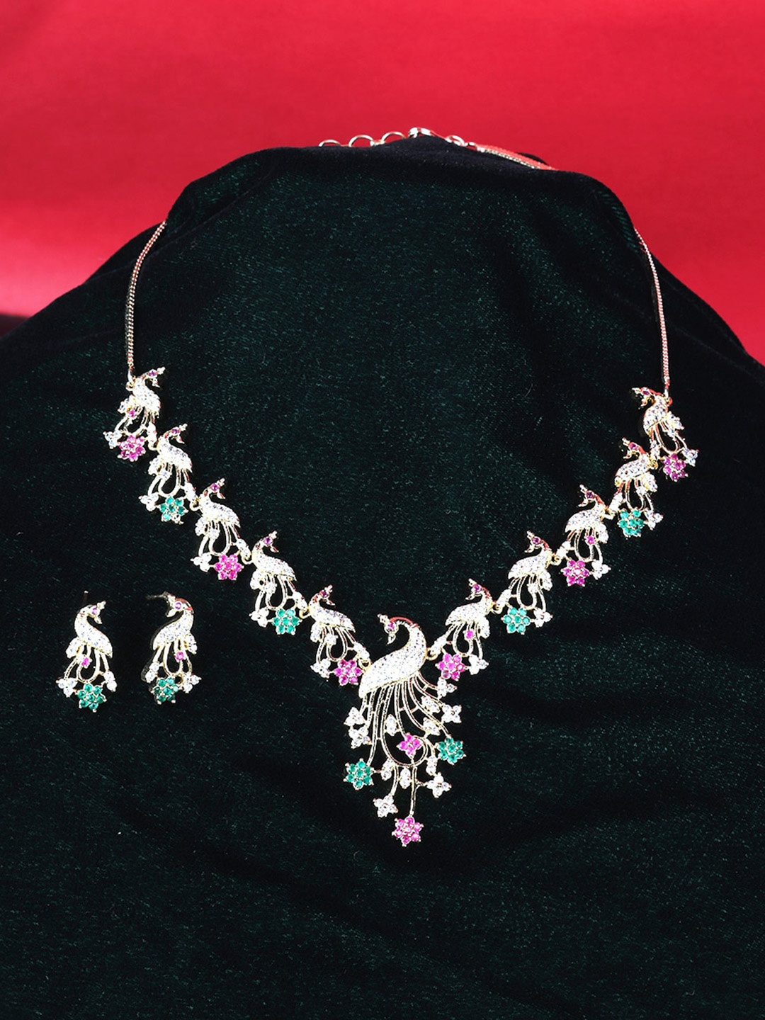 

Mirraw Gold-Plated Pink & Green CZ-Studded Jewellery Set