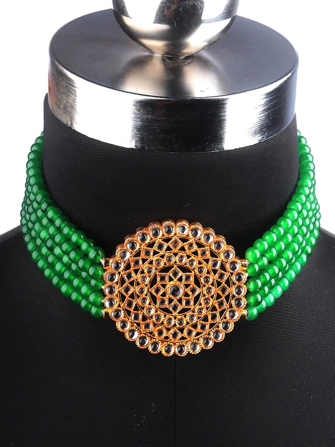 

Mirraw Gold-Plated White & Sea Green Stone-Studded Beaded Jewellery Set