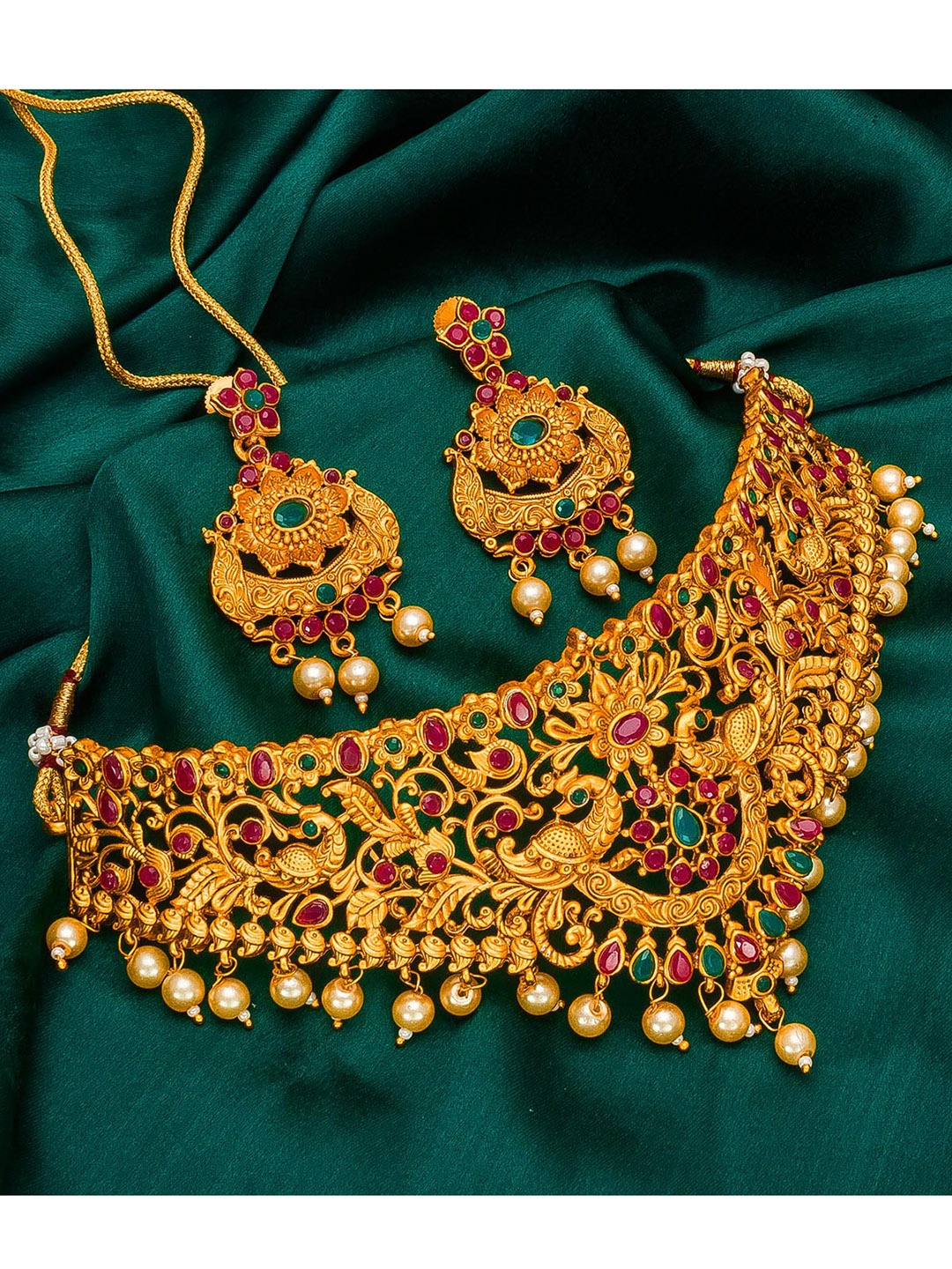

Mirraw Gold-Plated Pink & Green Onyx-Studded Beaded Jewellery Set