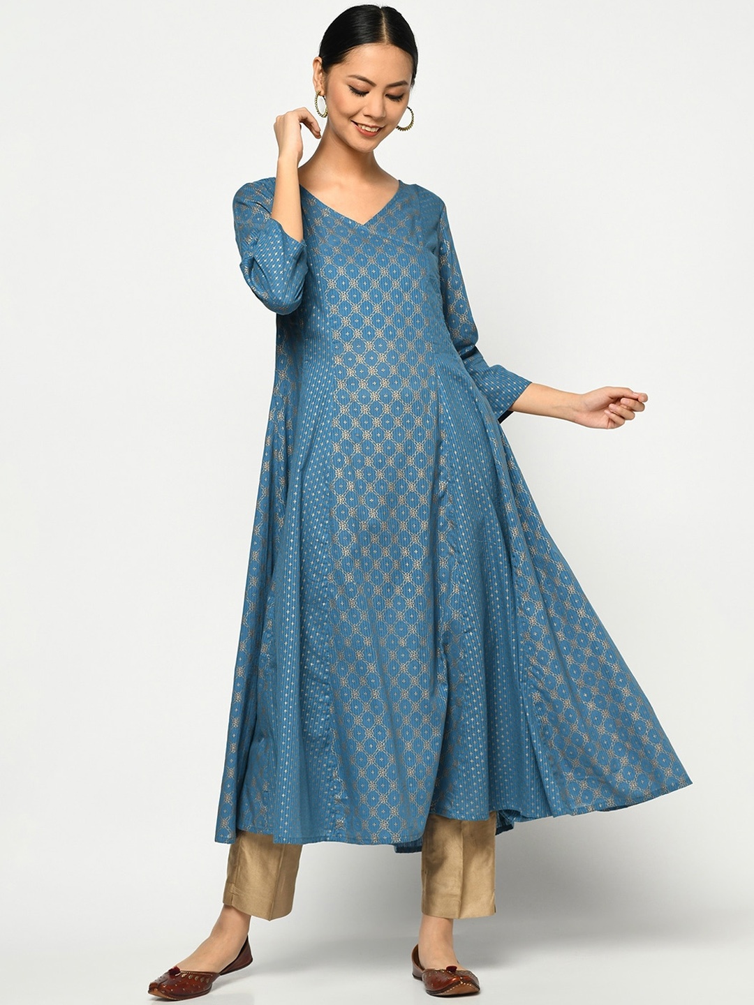 

Fabindia Women Blue Printed Cotton Anarkali Kurta