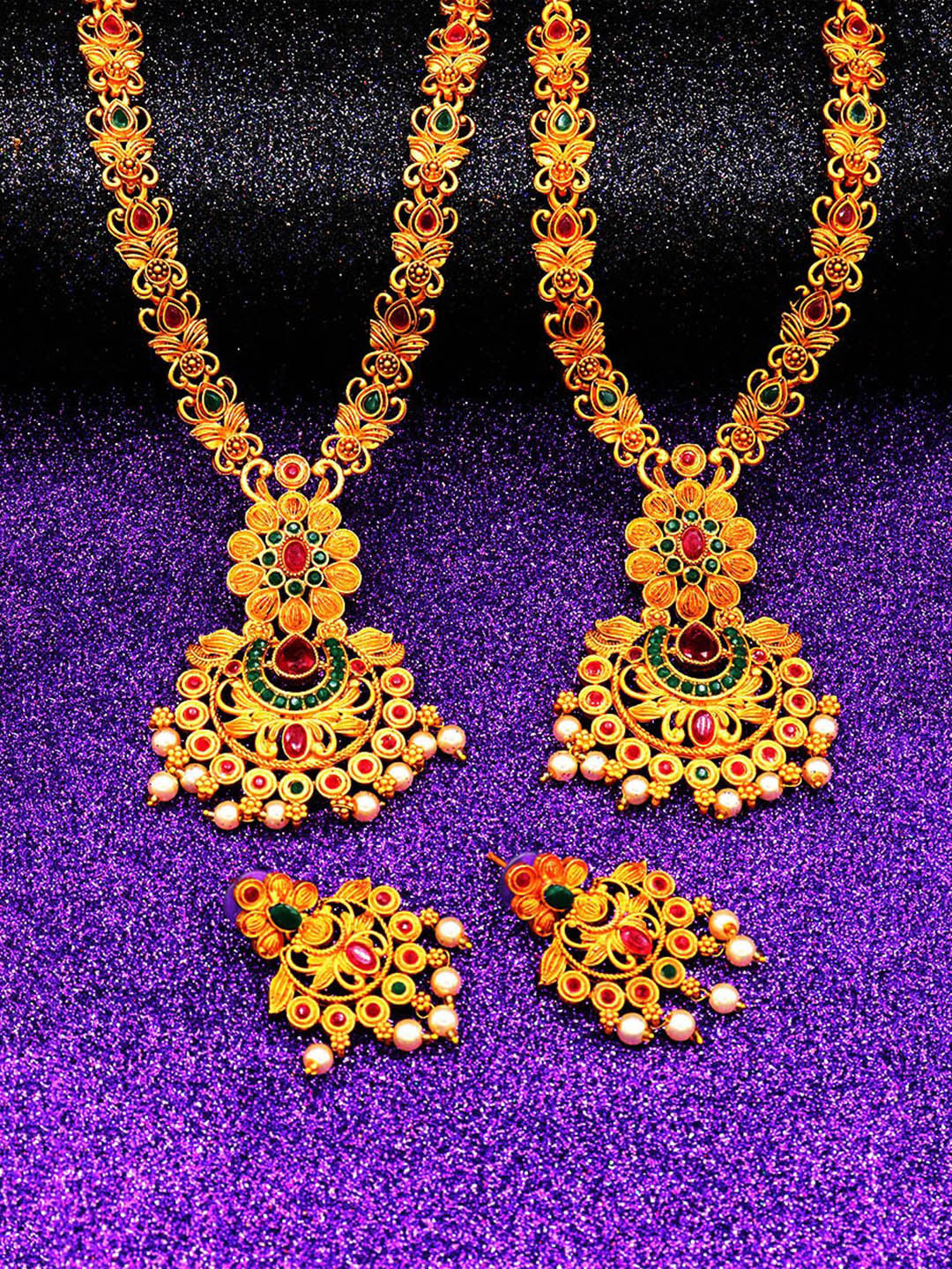 

Mirraw Set of 2 Gold Plated Green & Red CZ Stone Studded Antique Necklace With Earrings