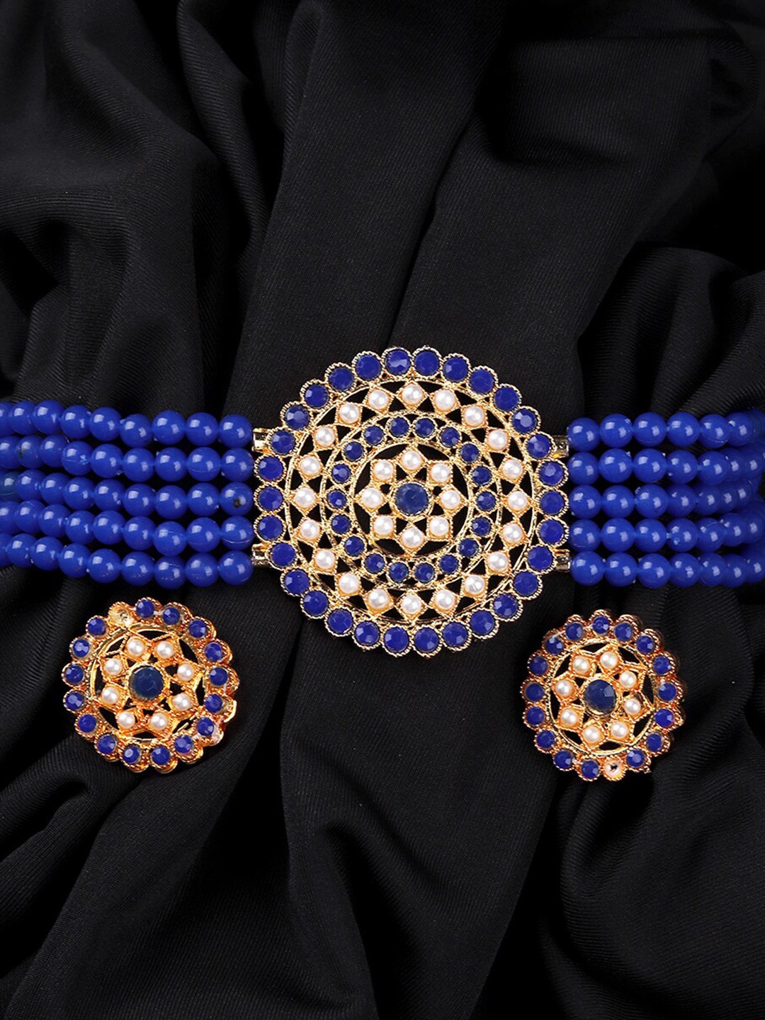 

Mirraw Gold Plated Blue Choker Necklace With Earrings