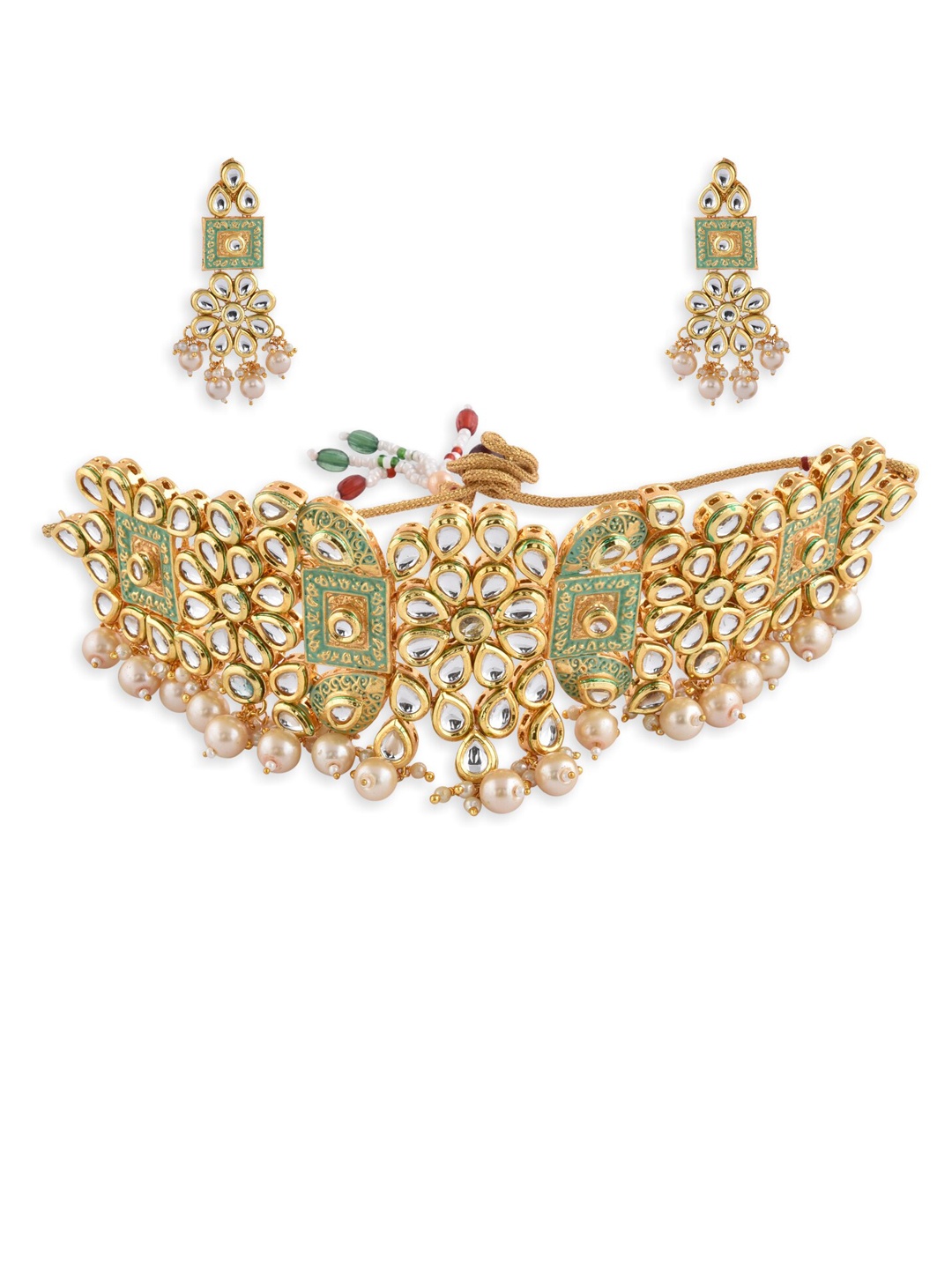 

Mirraw Gold-Plated & Green Kundan-Studded Jewellery Set