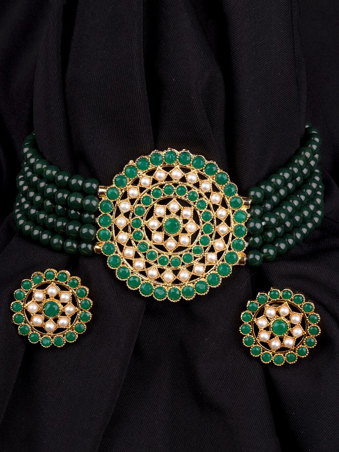 

Mirraw Gold-Plated White & Green Stone-Studded Beaded Jewellery Set