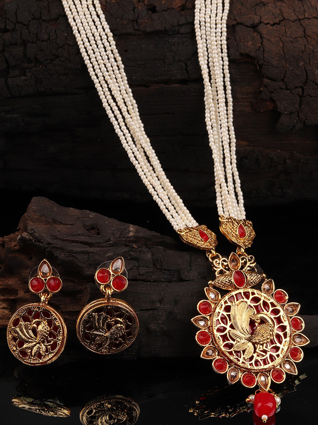 

Mirraw Gold-Plated Red & White Stone Studded Beaded Jewellery Set