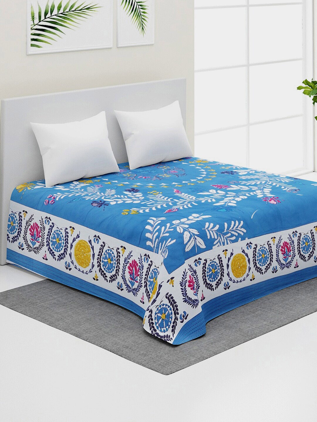 

Rajasthan Decor Blue & White Hand Embroidered Pure Cotton Bed Cover