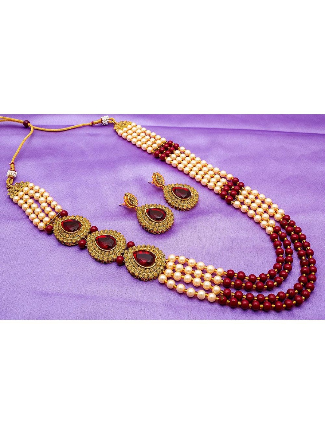 

Mirraw Gold-Plated Red Stone-Studded Pearl Beaded Jewellery Set