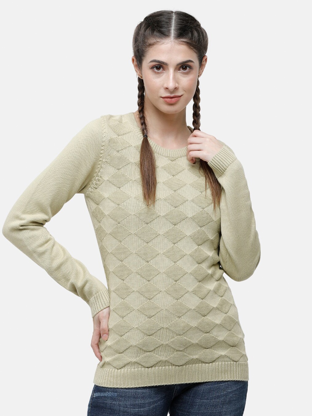 

98 Degree North Women Green Self Design Pure Cotton Pullover