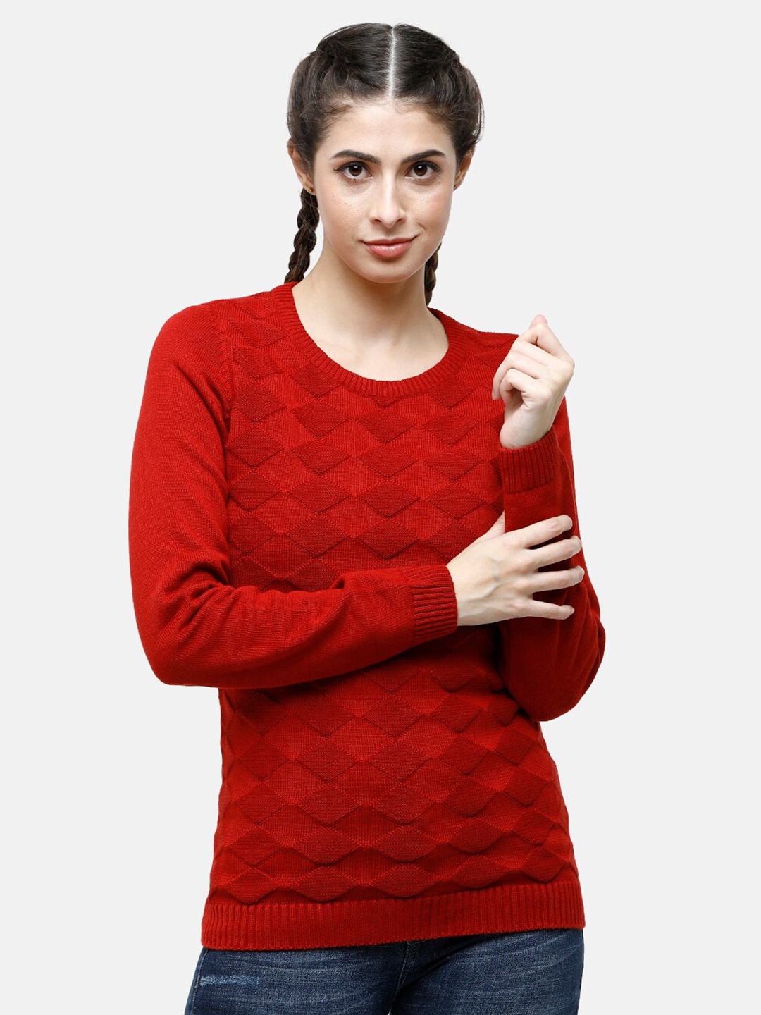 

98 Degree North Women Red Self Design Pure Cotton Pullover Sweater