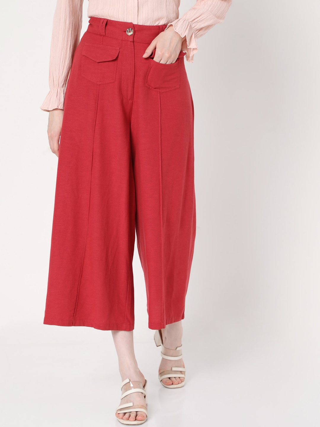 

Vero Moda Women Red High-Rise Pleated Cotton Culottes Trousers