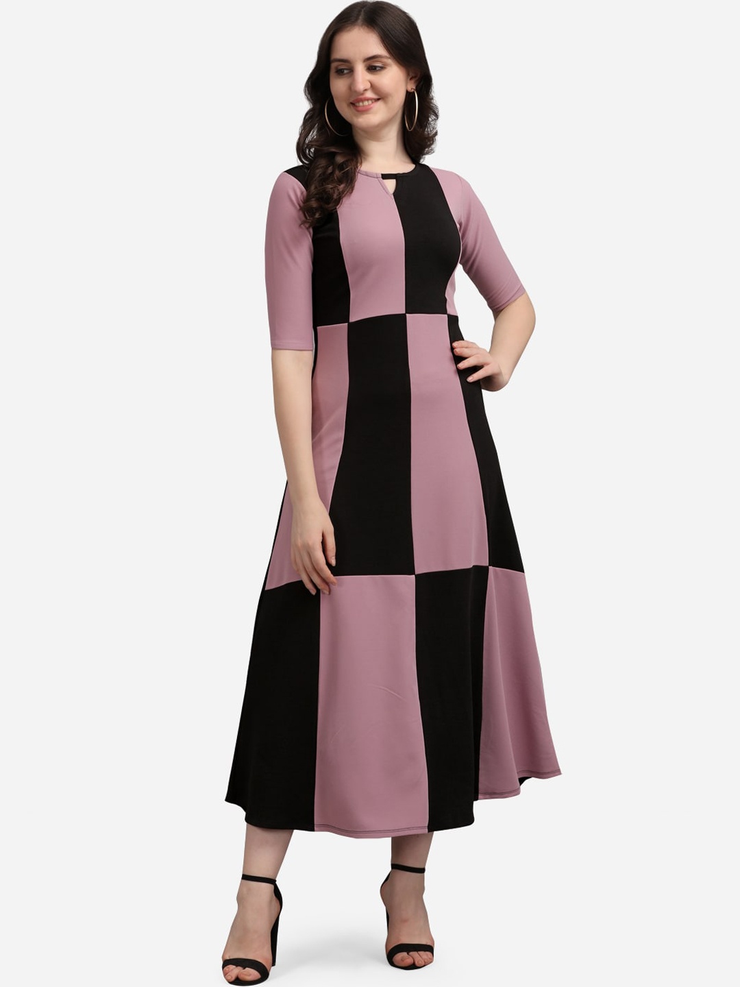 

PURVAJA Lavender & Black Colourblocked Keyhole Neck Midi Dress