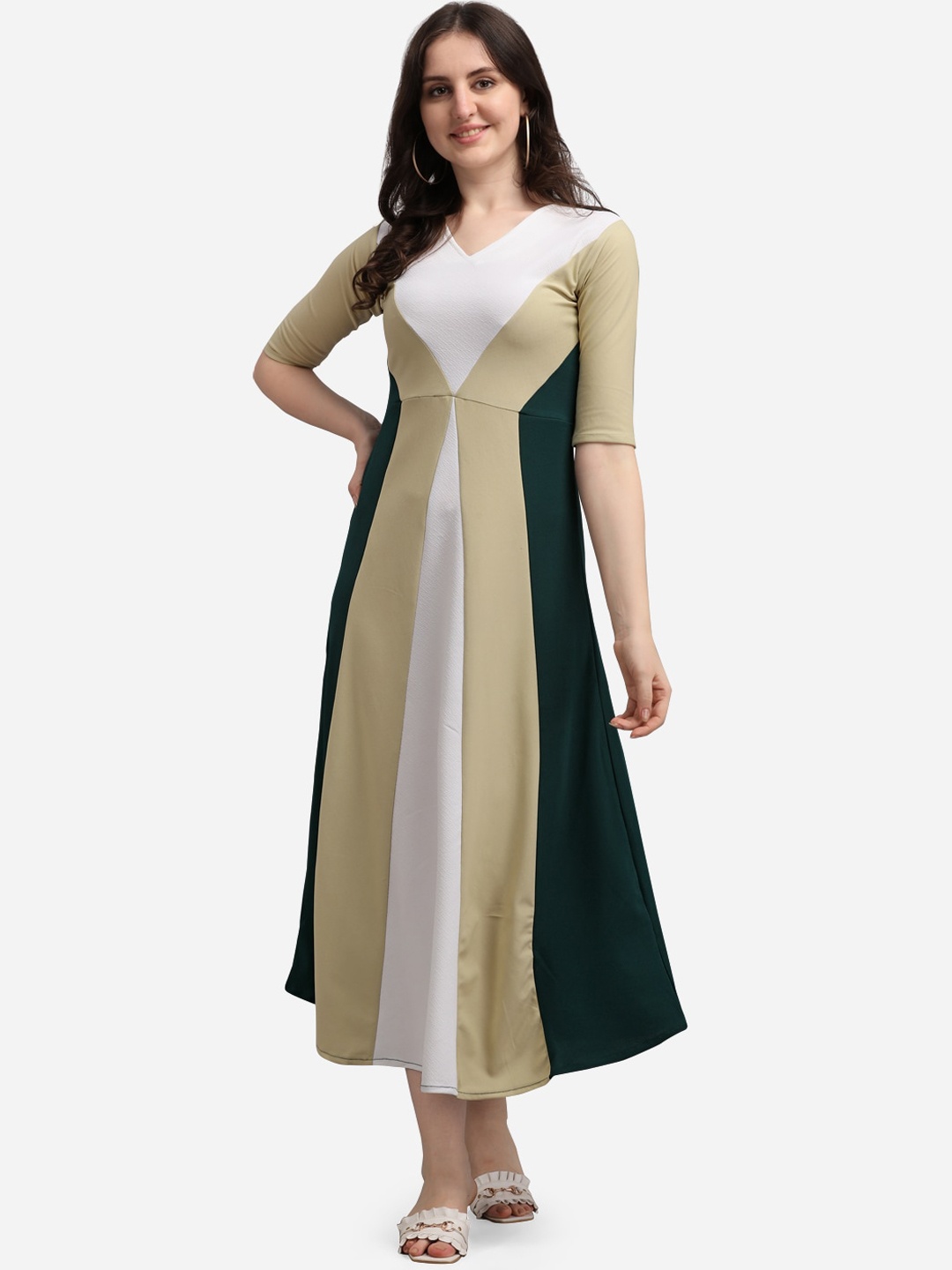 

PURVAJA Olive Green Colourblocked A-Line Midi Dress