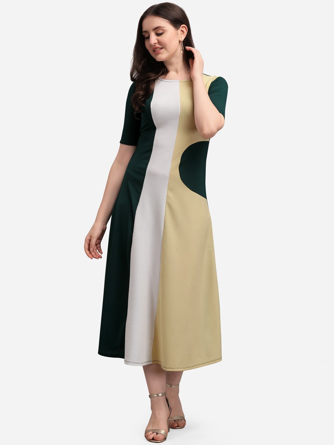 

PURVAJA Green Colourblocked A-Line Midi Dress