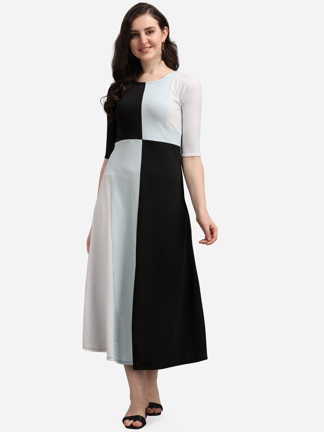 

PURVAJA Blue & Turquoise Blue Colourblocked A-Line Midi Dress