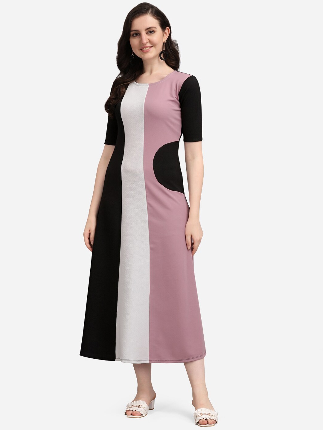 

PURVAJA Lavender & Black Colourblocked A-Line Midi Dress