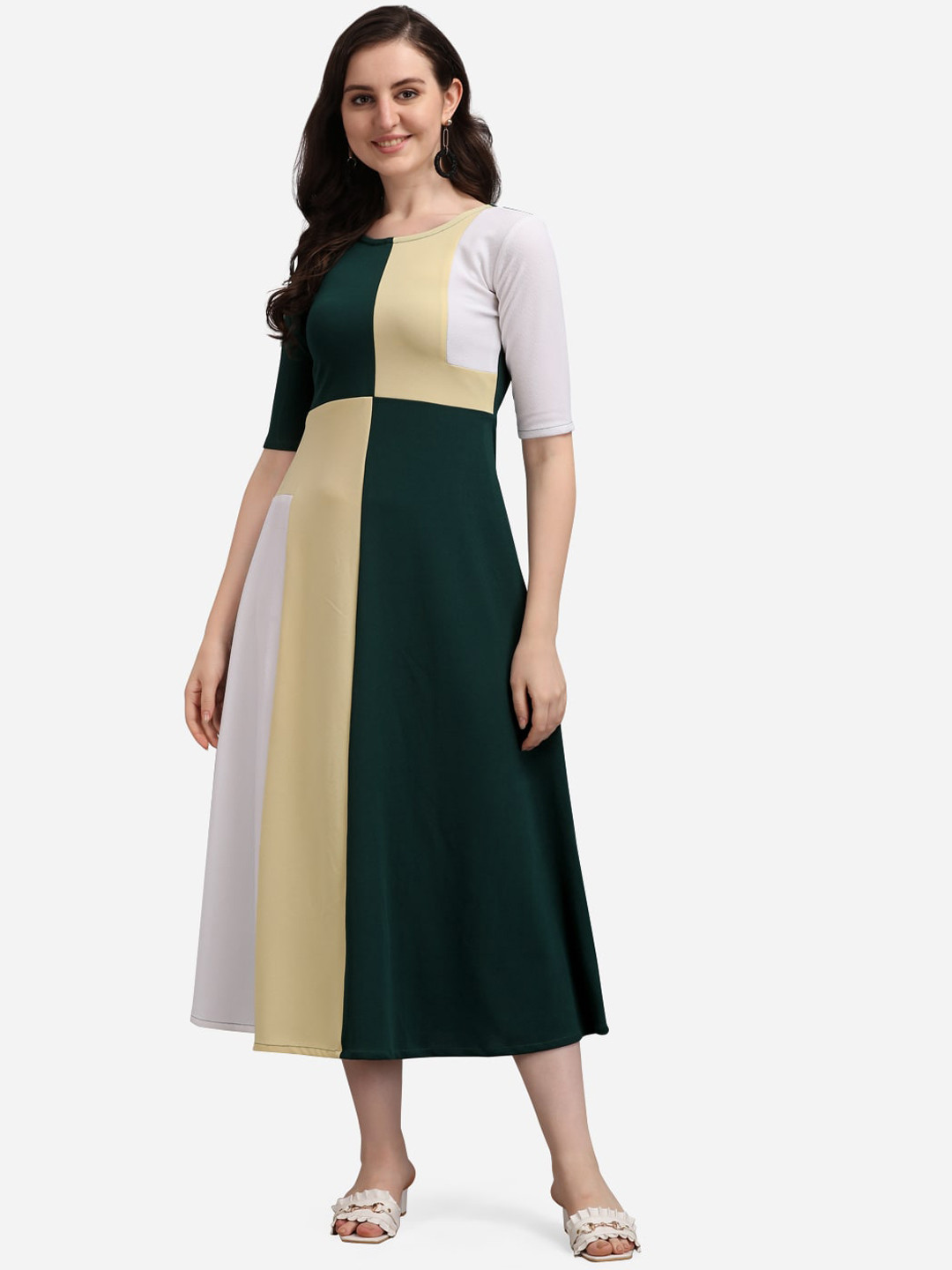 

PURVAJA Green Colourblocked A-Line Midi Dress