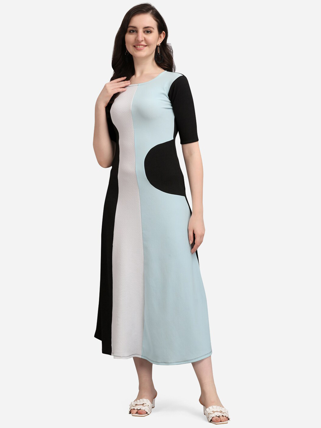 

PURVAJA Blue Colourblocked A-Line Midi Dress