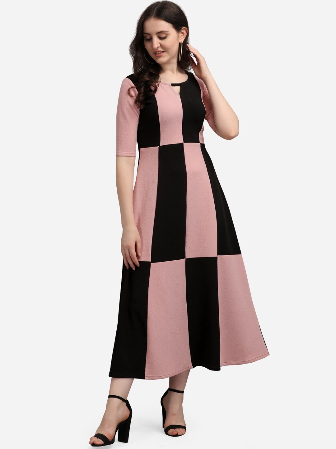 

PURVAJA Peach-Coloured Colourblocked Midi Dress