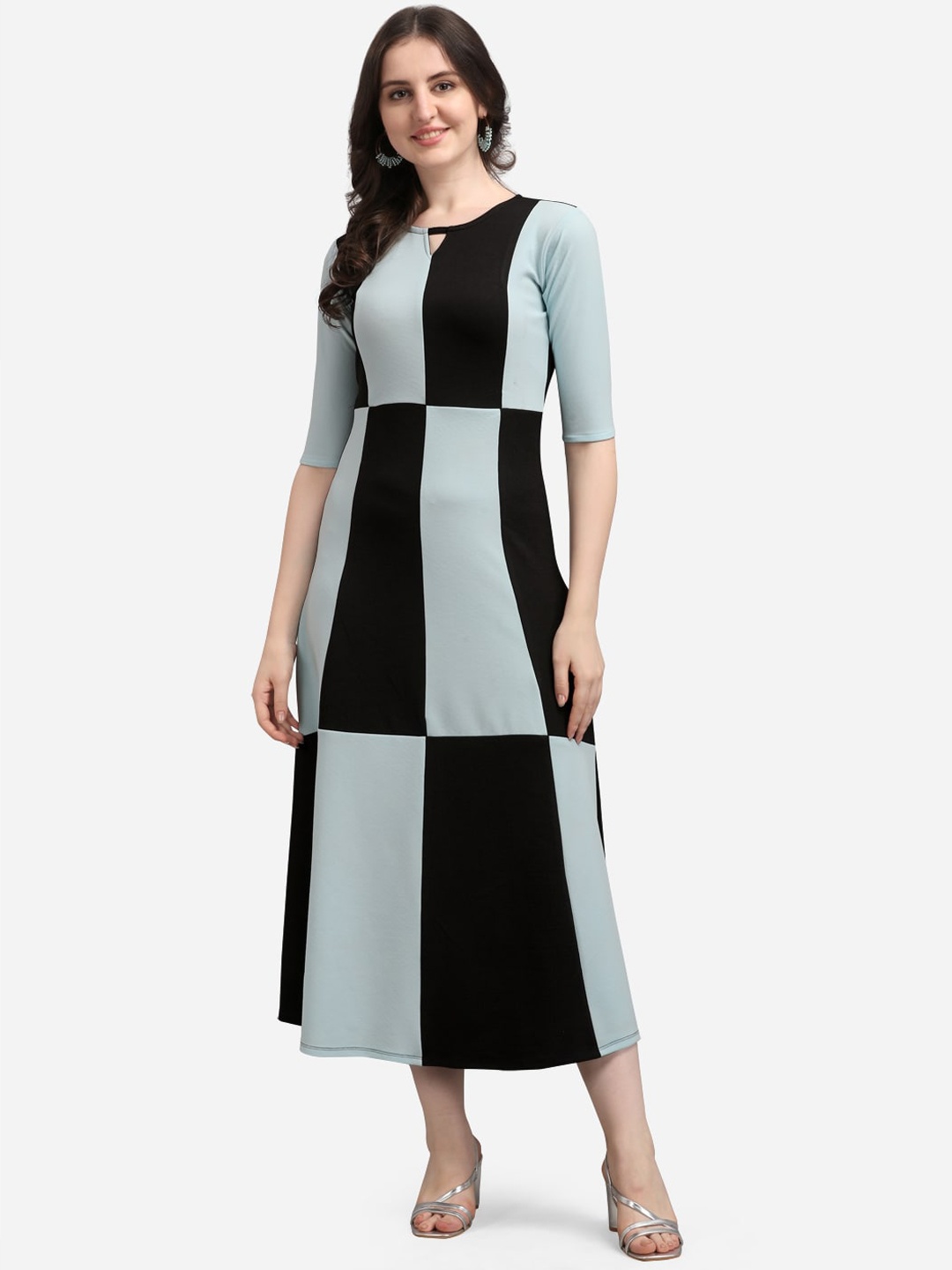 

PURVAJA Black & Turquoise Blue Colourblocked A-Line Midi Dress