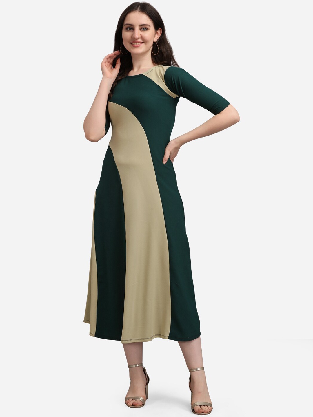 

PURVAJA Olive Green Colourblocked A-Line Midi Dress