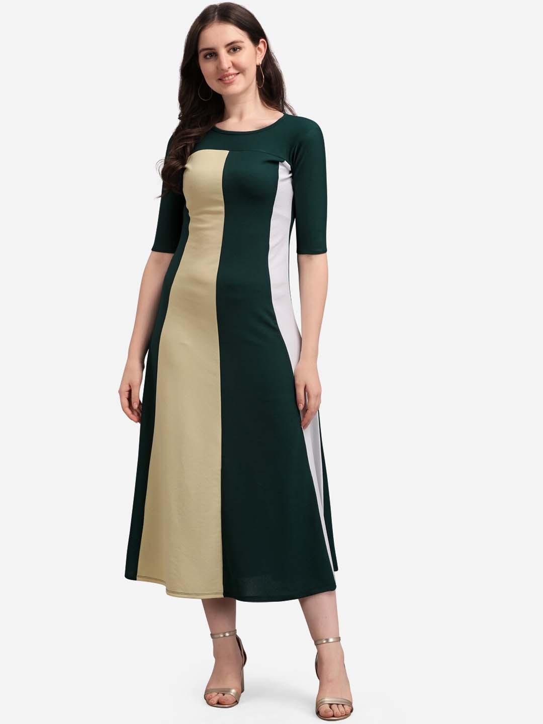 

PURVAJA Green Colourblocked A-Line Midi Dress