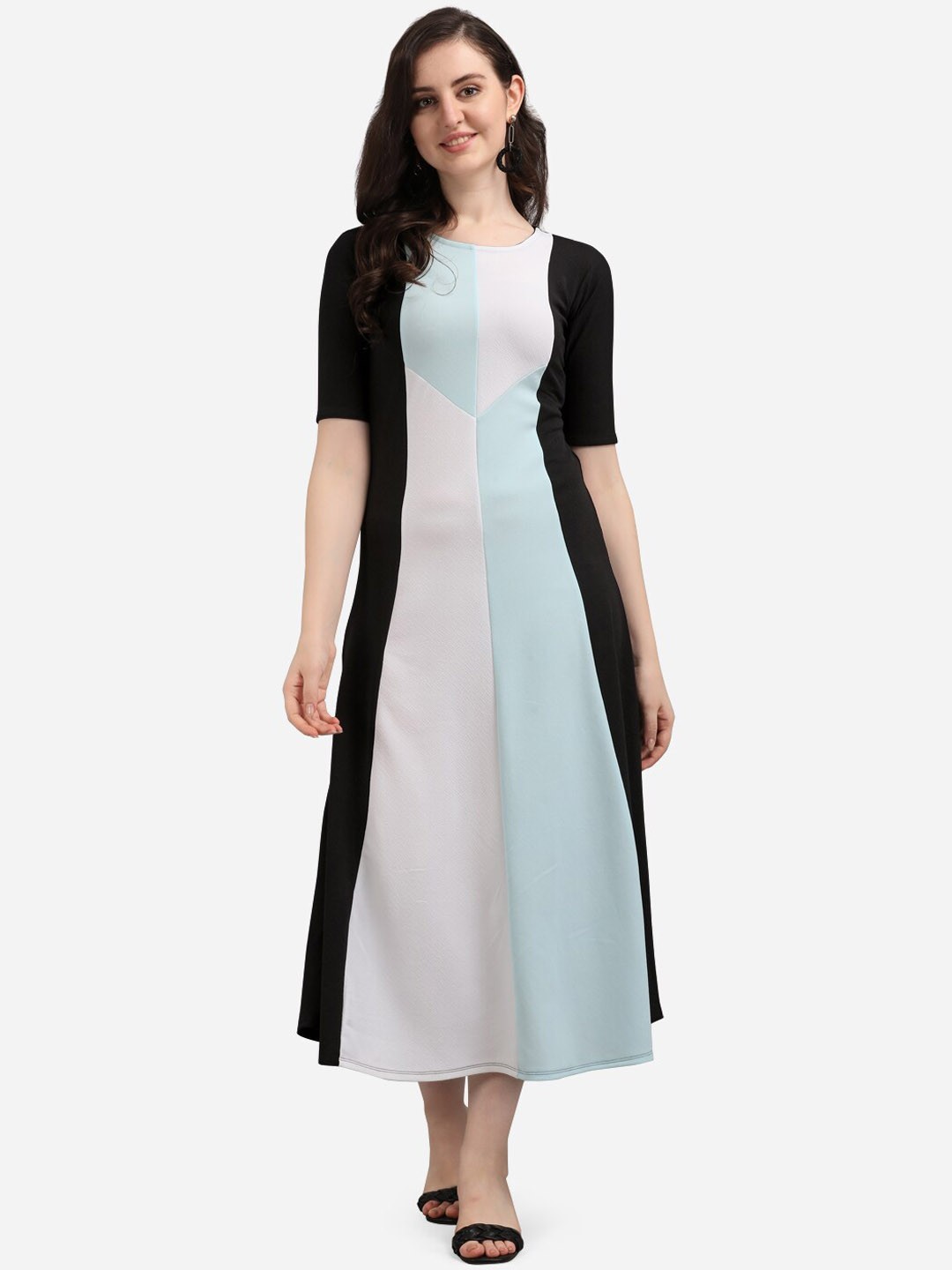 

PURVAJA Black & Turquoise Blue Colourblocked A-Line Midi Dress