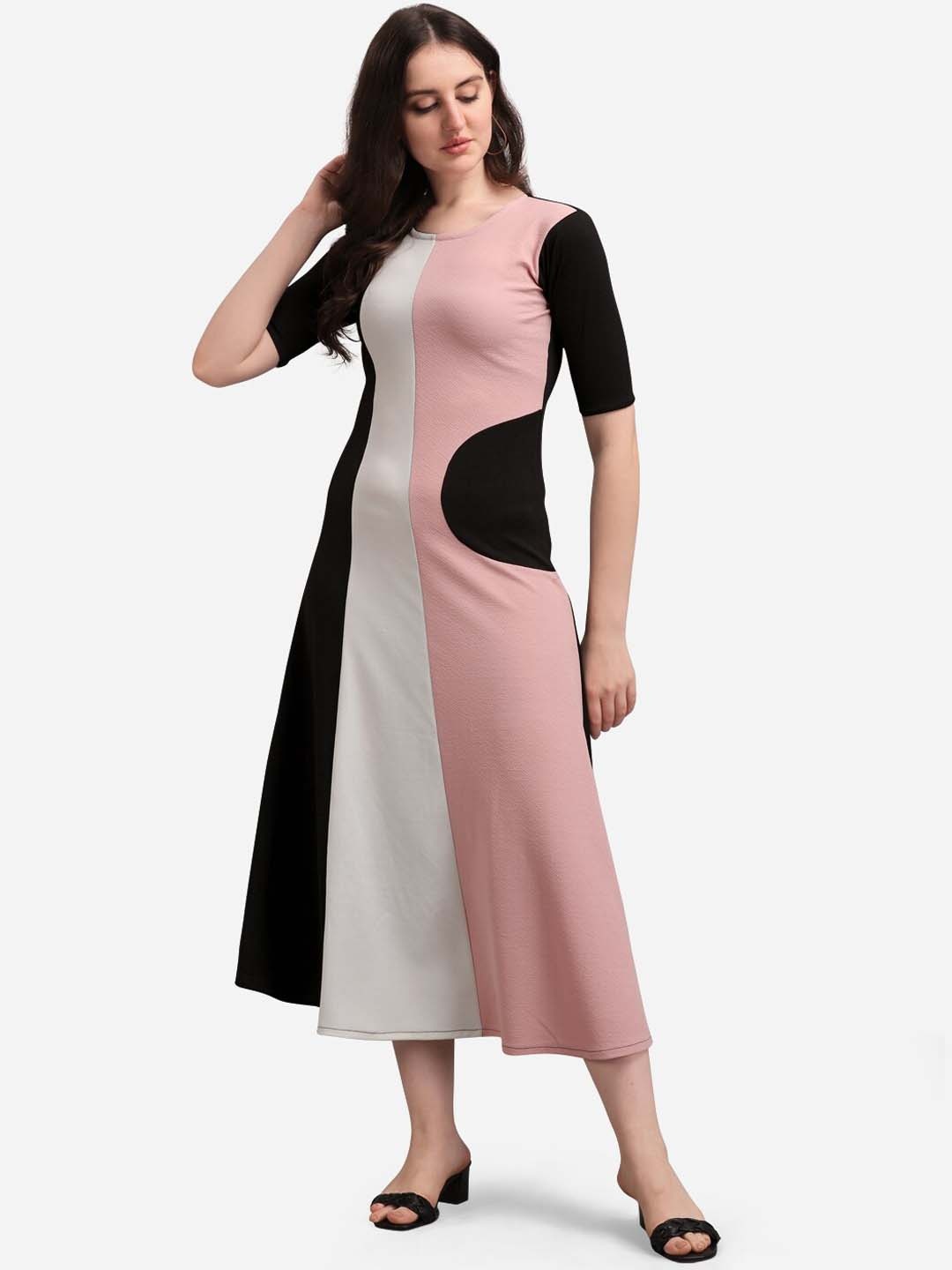 

PURVAJA Peach-Coloured & Black Colourblocked A-Line Midi Dress