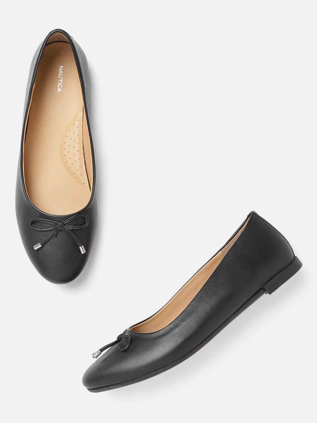 

Nautica Women Black Solid Leather Ballerinas with Bows Detail