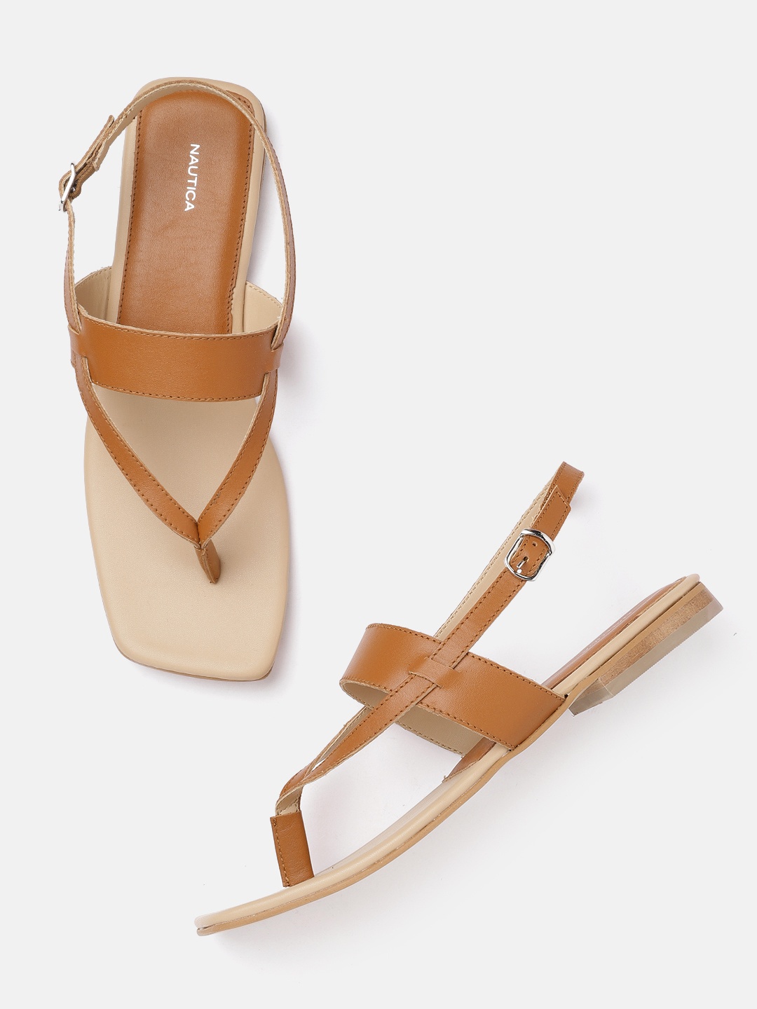 

Nautica Women Tan Brown Solid Leather Open Toe Leather Flats