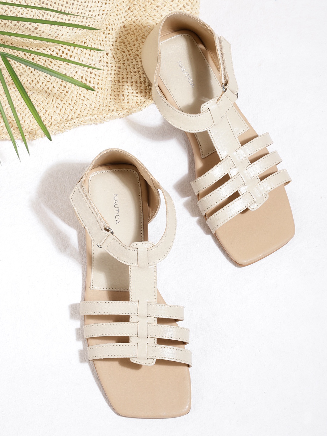 

Nautica Women Off White Solid Leather Strappy Open Toe Leather Flats