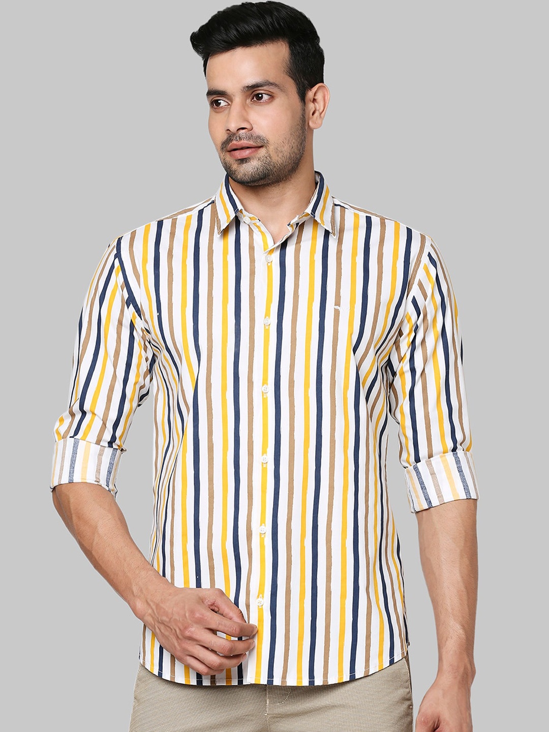 

Park Avenue Men Yellow & White Slim Fit Opaque Striped Cotton Casual Shirt