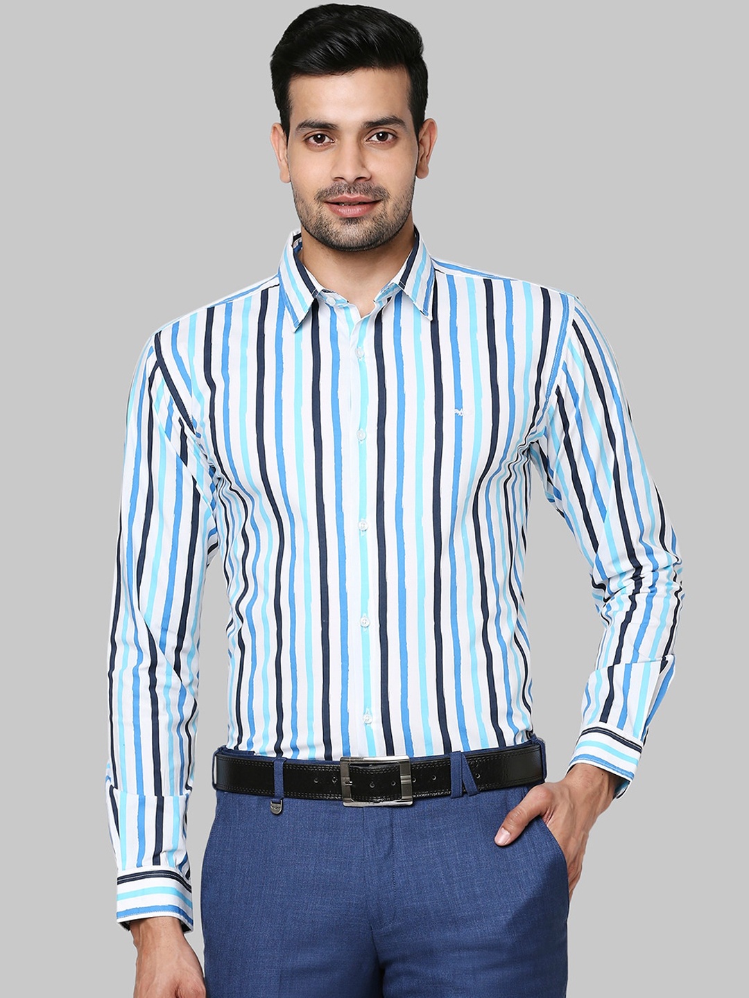 

Park Avenue Men Blue & White Slim Fit Opaque Striped Cotton Formal Shirt